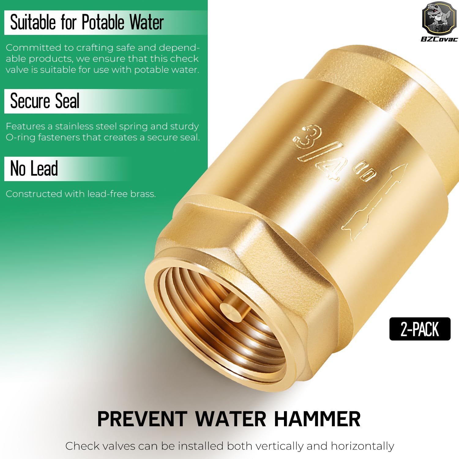 2-Pack Brass In-Line Check Valve, 3/4-Inch IPS Threaded Connection, Stainless Steel Spring, Model 20403LF