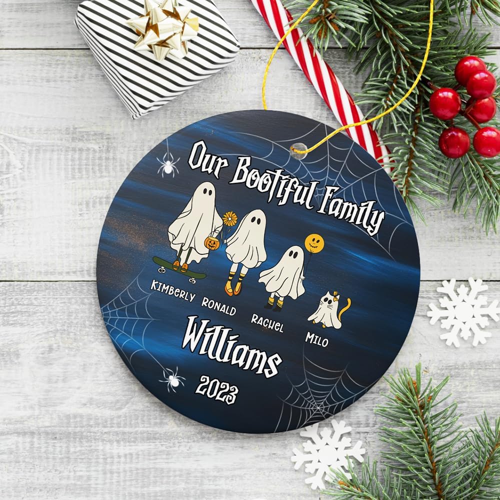 Halloween Ghost Family with Pets Personalized Ornament, Custom Ghost Crew Portrait Gift (Circle)