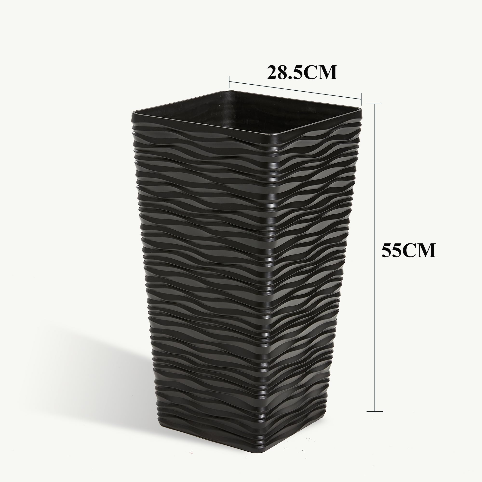 Maceta Alta Paquete De 2 Maceteros Altos Negros – Macetas Cuadradas De Plástico Cónicas For Interiores Y Exteriores – 22 Pulgadas De Alto – Moderno Acabado Ondulado Decorativo Para Interiores Exterior