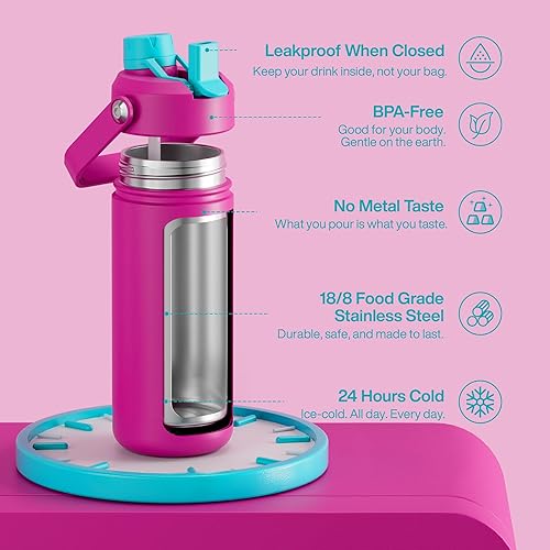 Miniatura 699 de ENCOOL Botella de agua aislada con popote, de acero inoxidable, a prueba de fugas, sin BPA, al vacío de doble pared que se mantiene fría durante 24