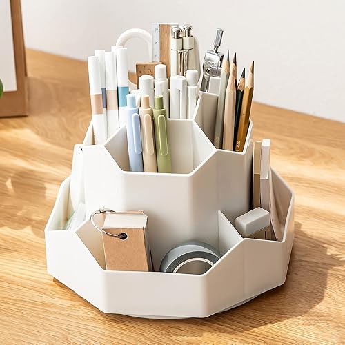 INSTOME Organizador de escritorio con soportes para lápices, soporte giratorio de 360° para organizador de escritorio, 9 compartimentos y soportes