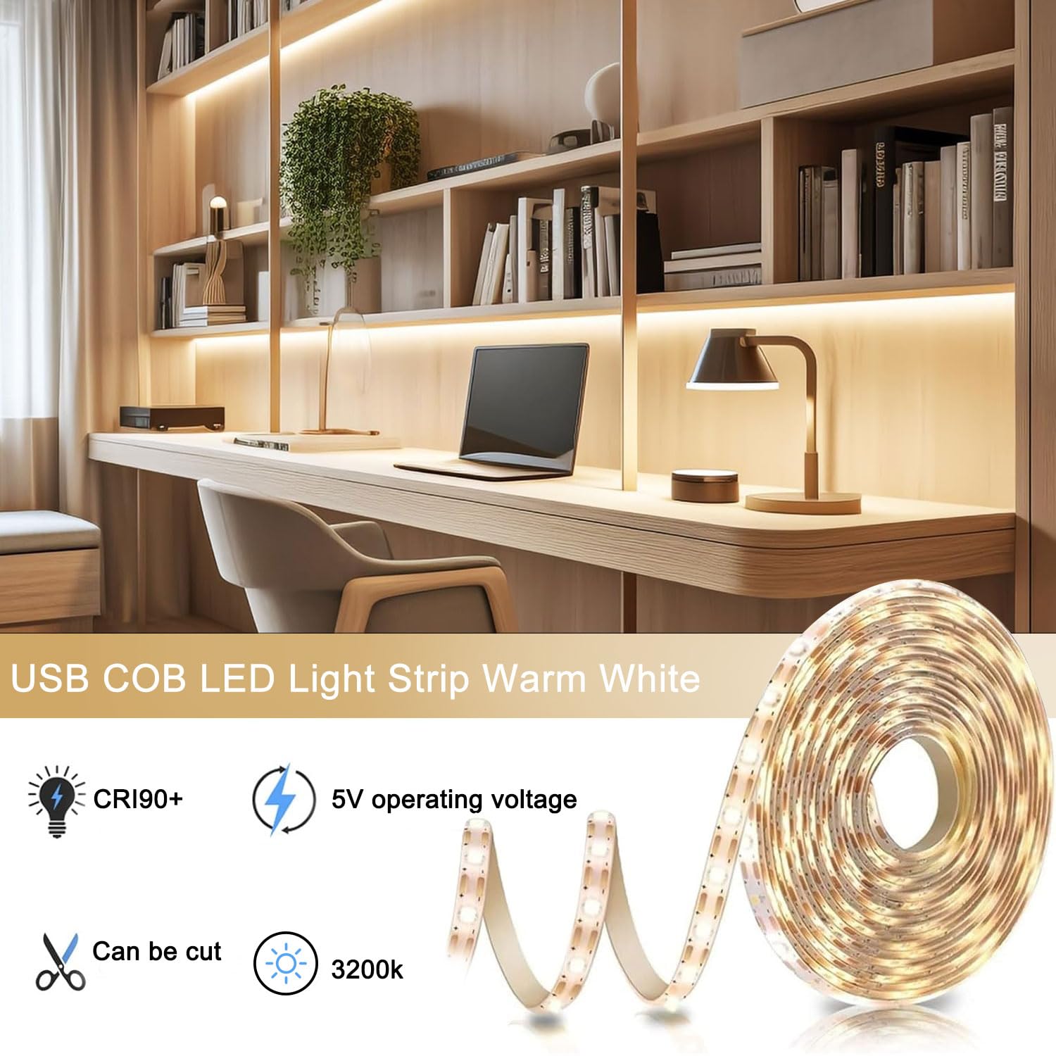 FUPT USB LED Light Strip Warm White, 2M Ultra-Bright Flexible CRI90+ LED Light Strip Adjustable Brightness - Image 2