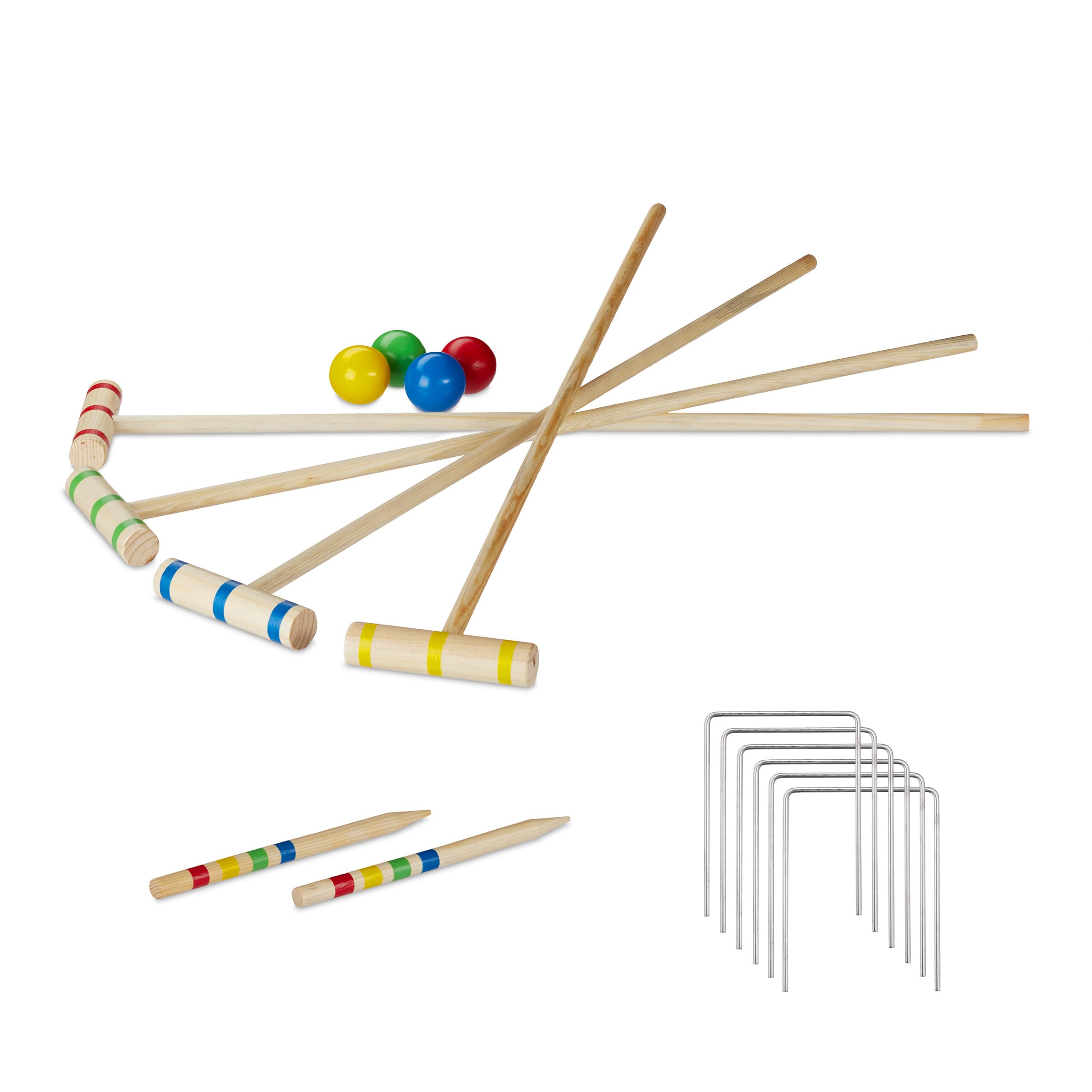 Relaxdays Gra w krokiet, dla 4 graczy, dla dzieci i dorosłych, kompletny zestaw z torbą Croquet, drewno S, kolor naturalny, UE