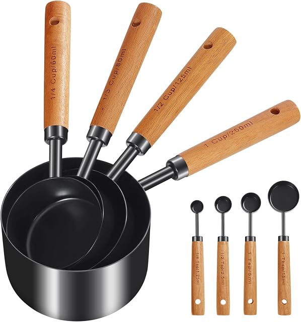 Cuteefun Measuring Cups and Spoons Set of 8, Wood Handle with Metric and US Measurements, Premium Stainless Steel, Black Polished Finish, Dry & Liquid Measuring Cup for Cooking, Baking, Beverage