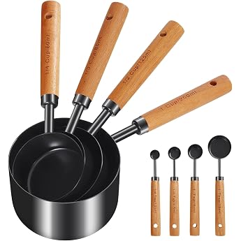 Cuteefun Measuring Cups and Spoons Set of 8 Wooden Handle Black