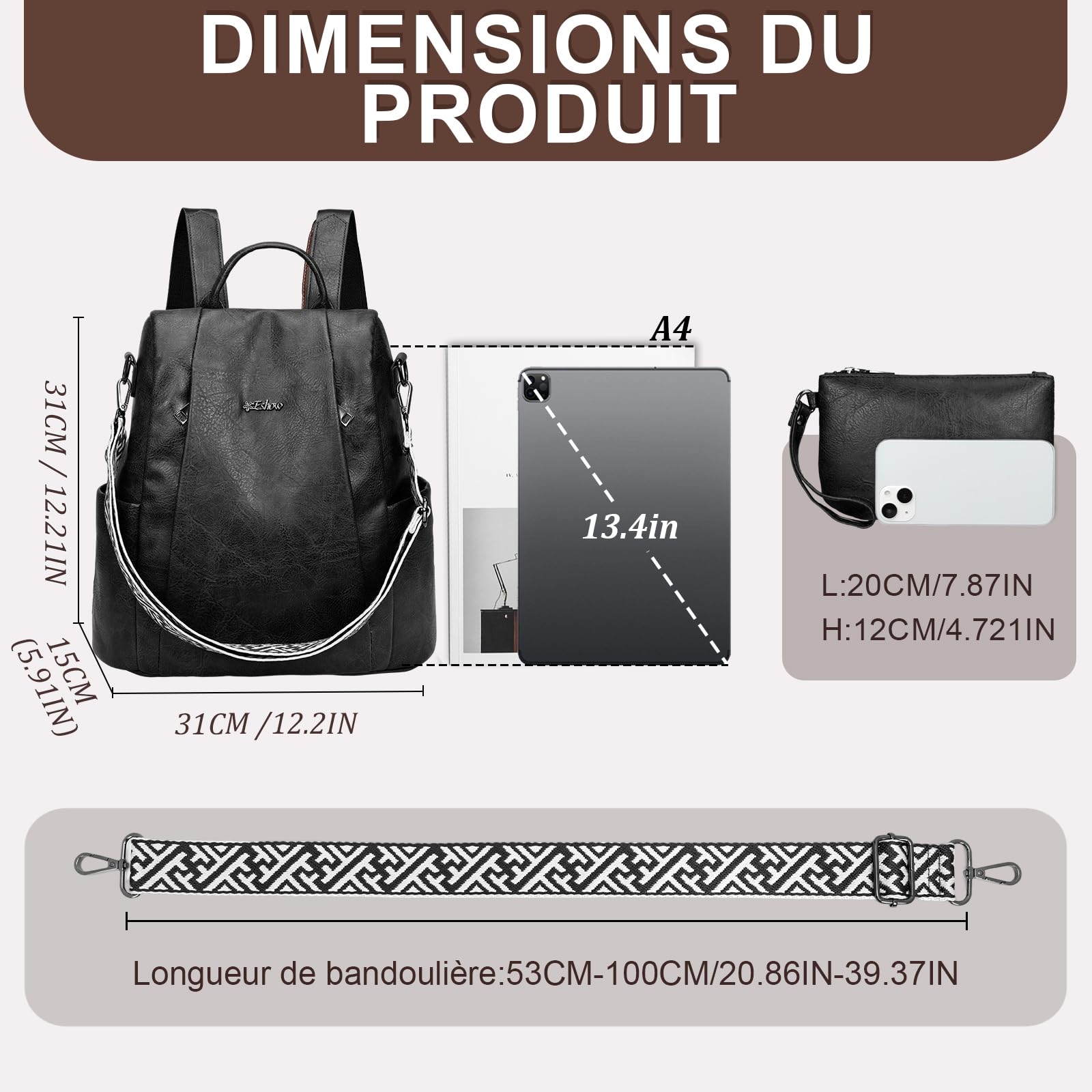 Eshow Petit Sac a Dos Femme Antivol, Sacs à Main Portés Dos Elégant Léger Imperméable PU Cuir, Sacoche Bandoulière avec Étui anti RFID & Pochette pour Voyage Travail Loisirs Université Noir