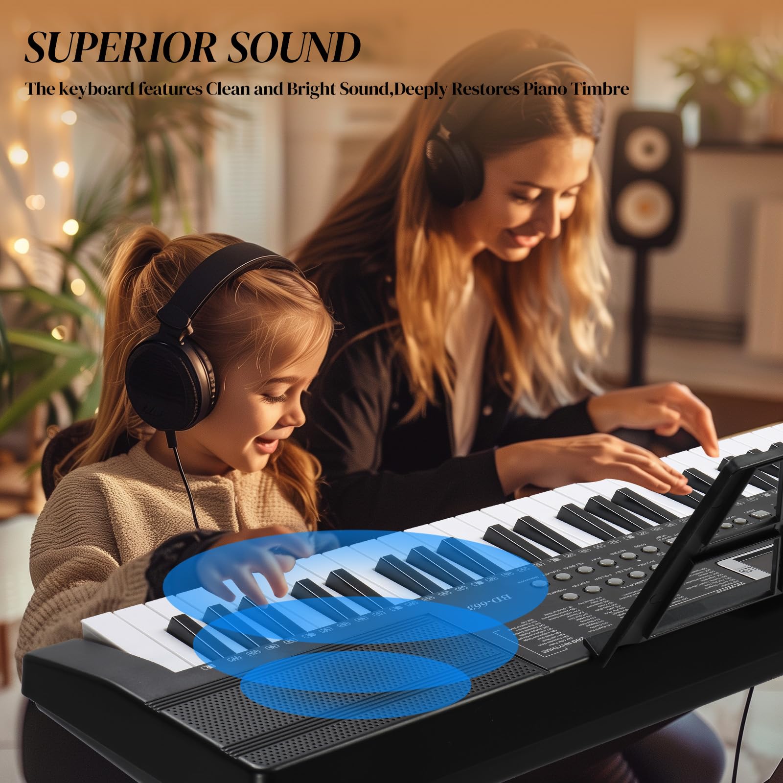 Bonnlo GEP-110S01 Piano Numérique 61 Touches, Clavier avec Support et Tabouret de Piano, Haut-Parleurs Intégrés, Casque, Microphone, Pupitre, écran LED, 3 Modes d'Apprentissage, Noir