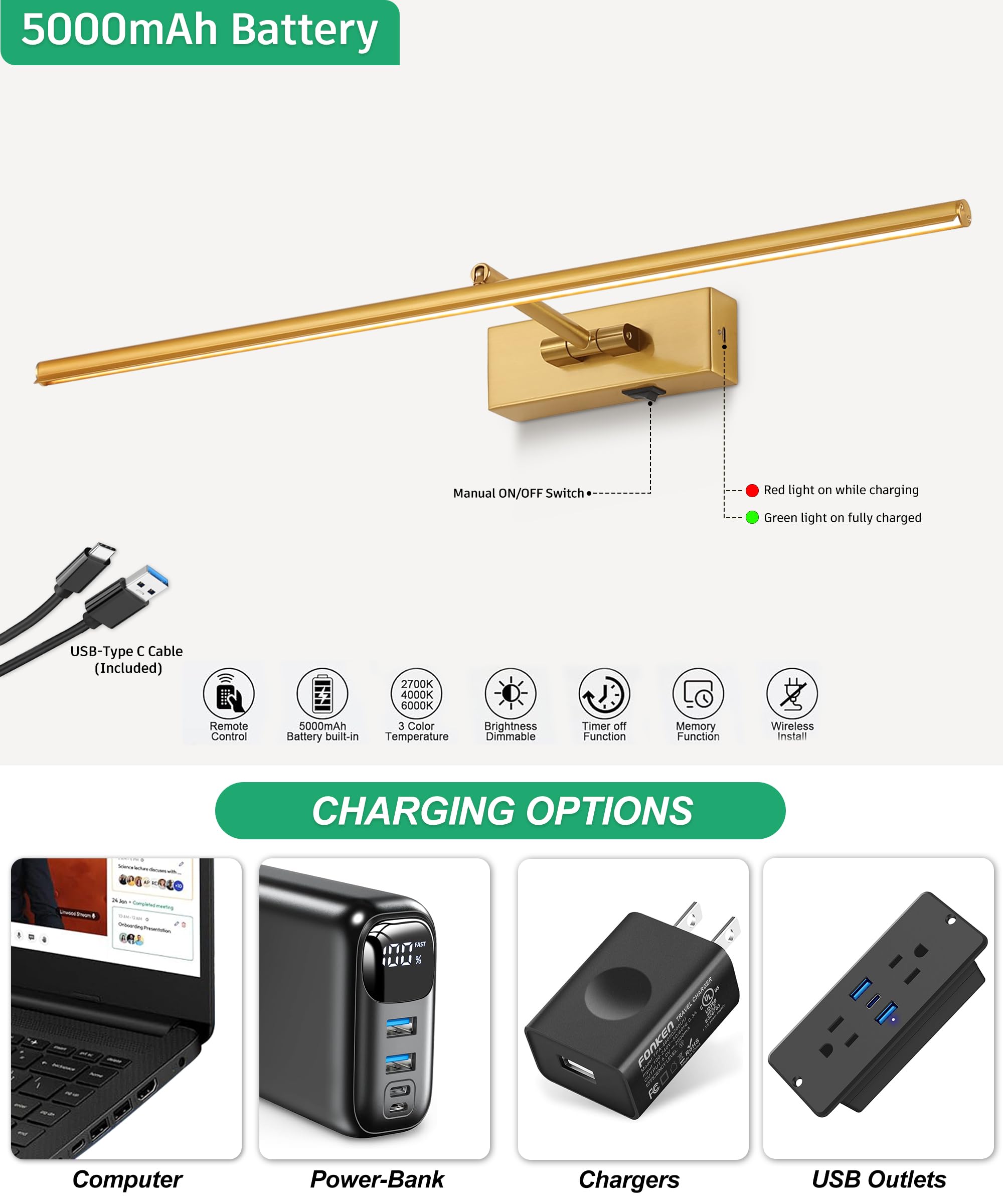 Lampe murale dorée à piles avec télécommande sans fil 3CCT à intensité variable pour peintures, 3 couleurs, rechargeable, décoration de galerie, éclairage d'œuvre d'art pour fonction minuterie de