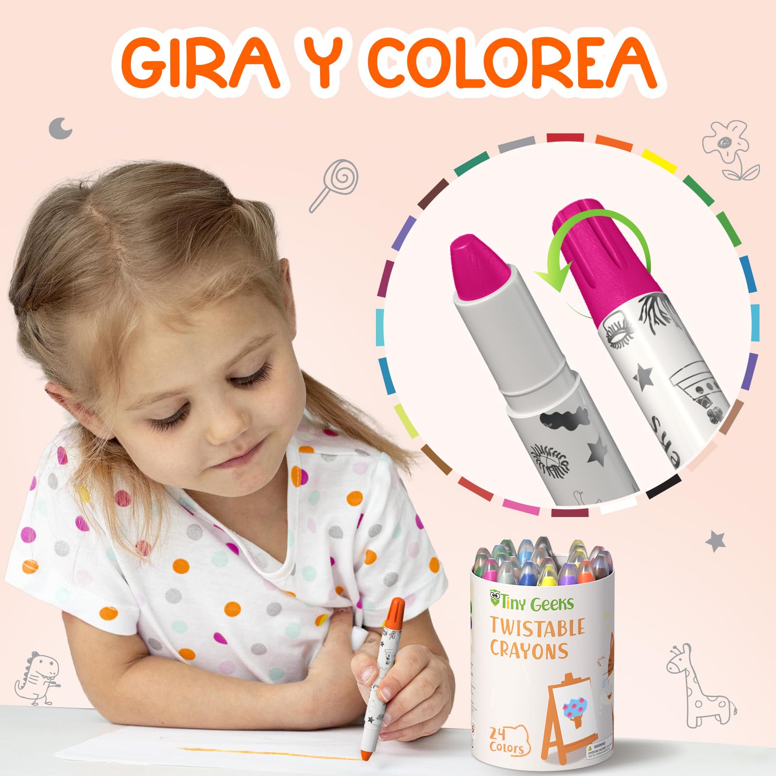 TinyGeeks 24 Crayones Retráctiles - No Tóxicos para Niños Pequeños de 1-3 Años - Crayones Lavables para Niños de 4-8 Años - Fáciles de Agarrar
