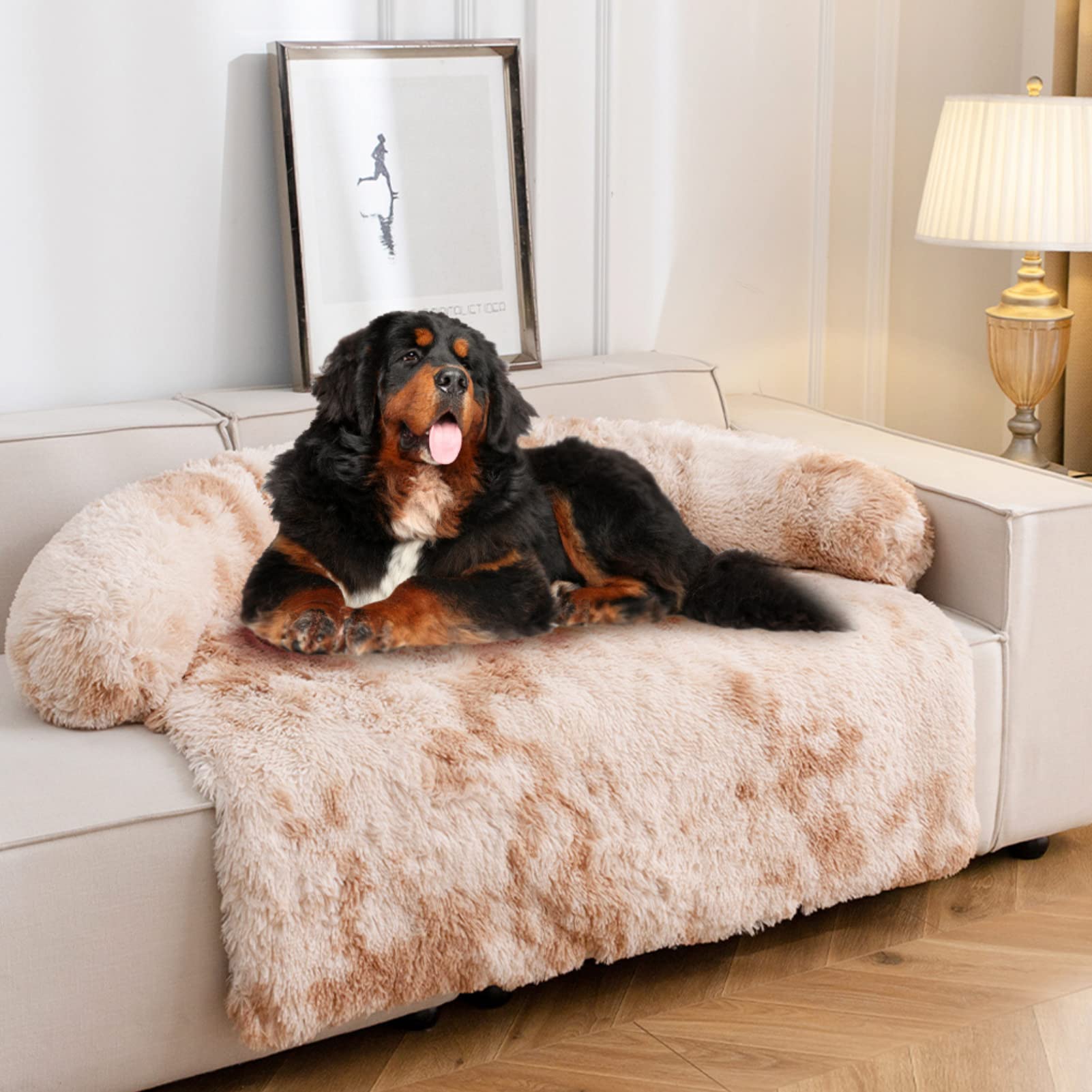 Auemtyn Calming Dog Bed,Dog Bed for Large Dogs,Tie-dye Fluffy Non-Slip 50"x39"x8"Dog Bed Couch Protector with Removable Pet Soft Neck Bolster,Washable Dog Bed Cover with Hidden Zipper(Khaki)