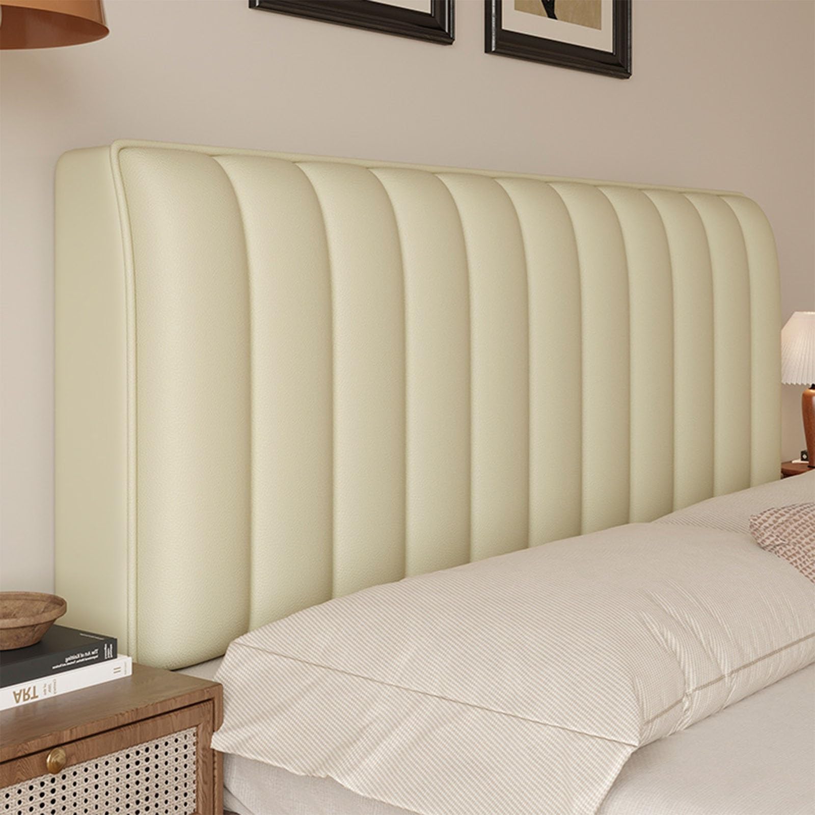 UHVUJDUI Bed Headboard Cover Leather Headboard Cover For King Size Double/single Bed,Headboard Slipcover Elastic Universal Headboard Protection Dustproof Cover(Beige white,140cm)