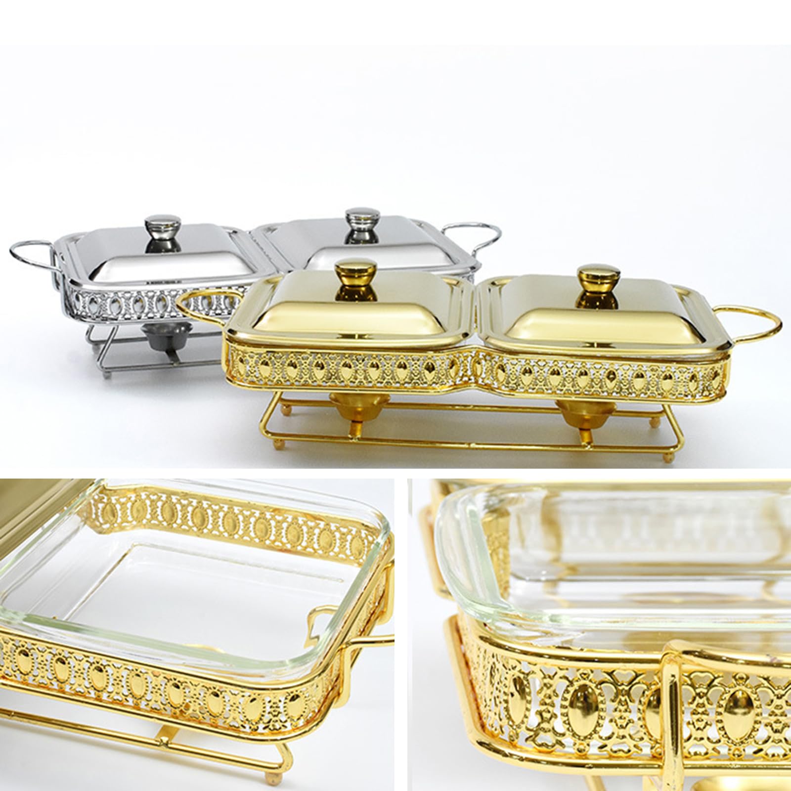 Calentador de Buffet y Juego de Mesa de té - Bandeja de Vidrio para Calentar Alimentos con Tapa, Bandeja de Acero Inoxidable, Servidor para Eventos con Servicio de Catering, P
