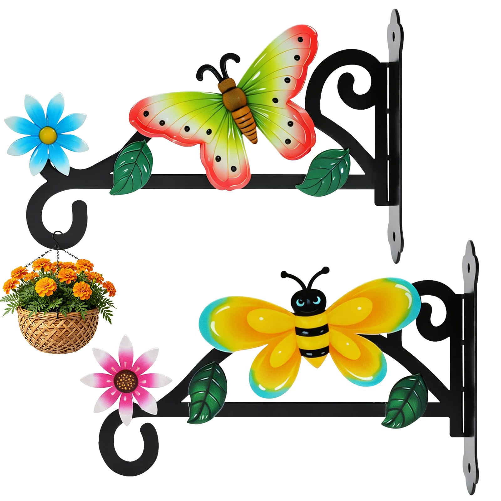 Larber 2PCS Metal Plant Hooks Wall Hanging Plant Wall Plant Hanger Indoor and Outdoor Butterfly&Bee Wall Hook for Hanging Plants Basket, Flower, Planter, Lantern, Wind Chime