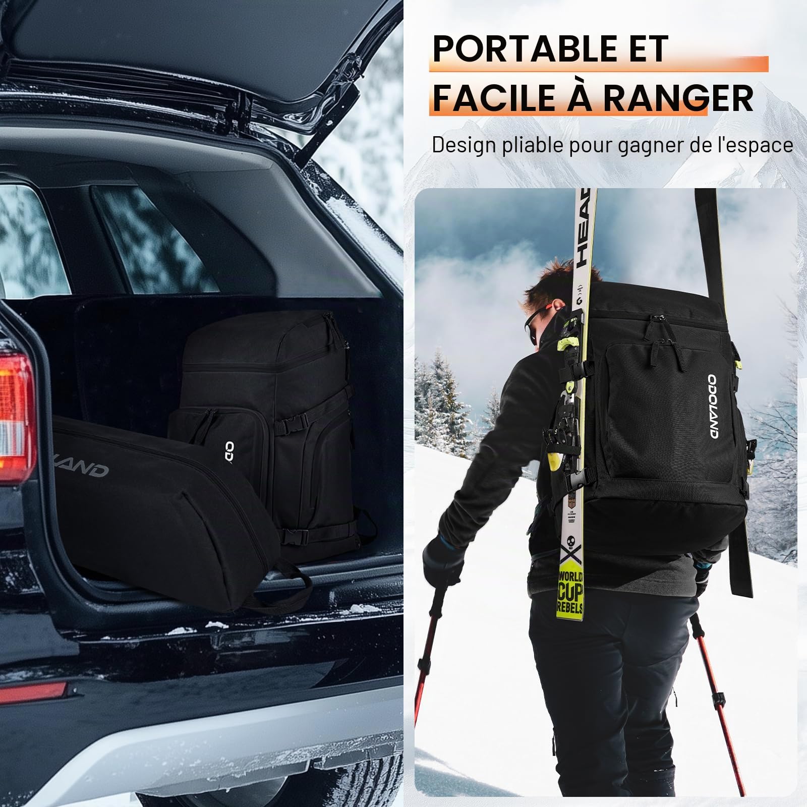 Odoland Housse à Skis 200cm et Sac à Dos pour Chaussures de Ski, Sacs Rembourrés de Skis, Double Imperméable pour Transporter d'Équipement de Ski, Chaussures, Lunettes, Casque pour Homme Femme