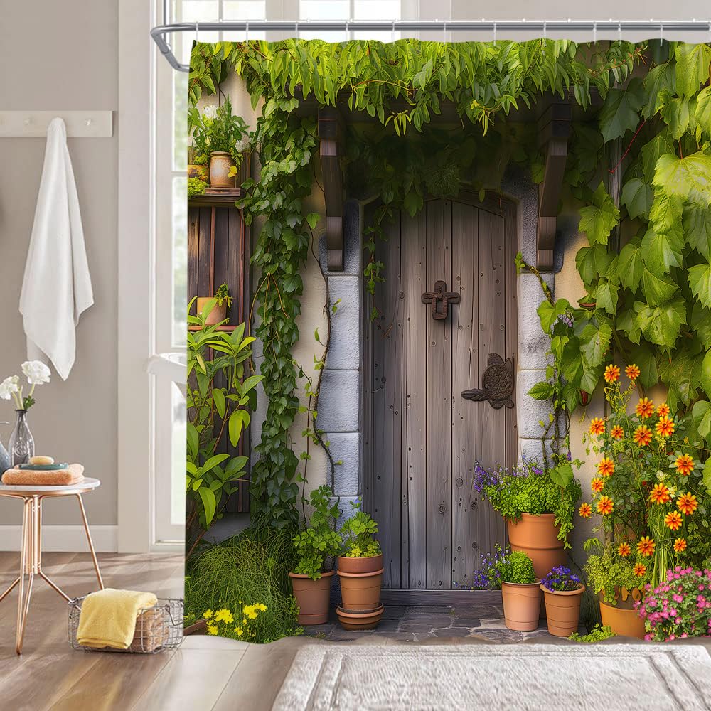 AMHNF Rustic Shower Curtain Italian Nature Garden Brick Wall Barn Door Green Plant Flower Country Scenery Bathroom Decor Fabric Curtain with Hooks