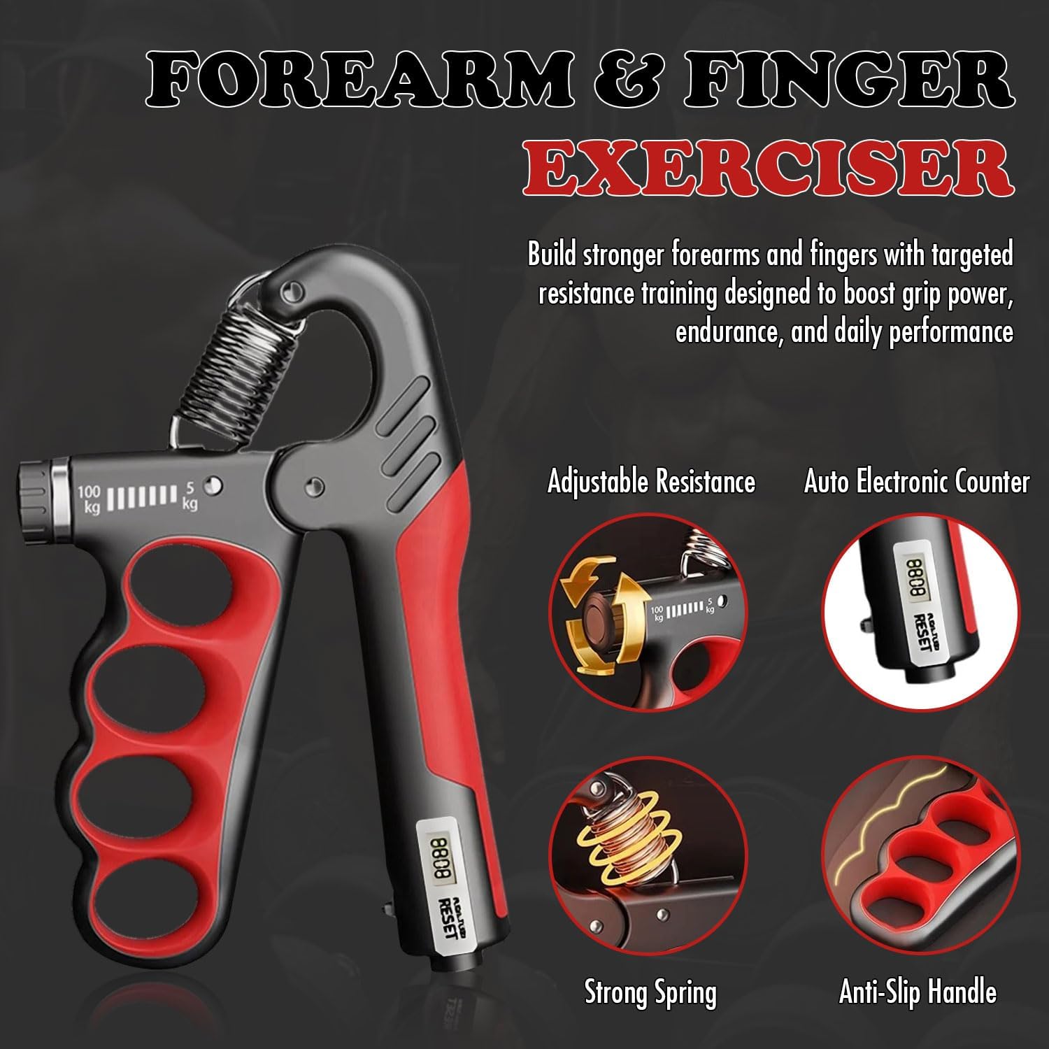 Adjustable Grip Strength Trainer Hand Gripper for Grip Strength, Forearm & Wrist Strengthener, Hand Exerciser for Strength Training & Therapy 11-220Lbs(5-100KG) | Red