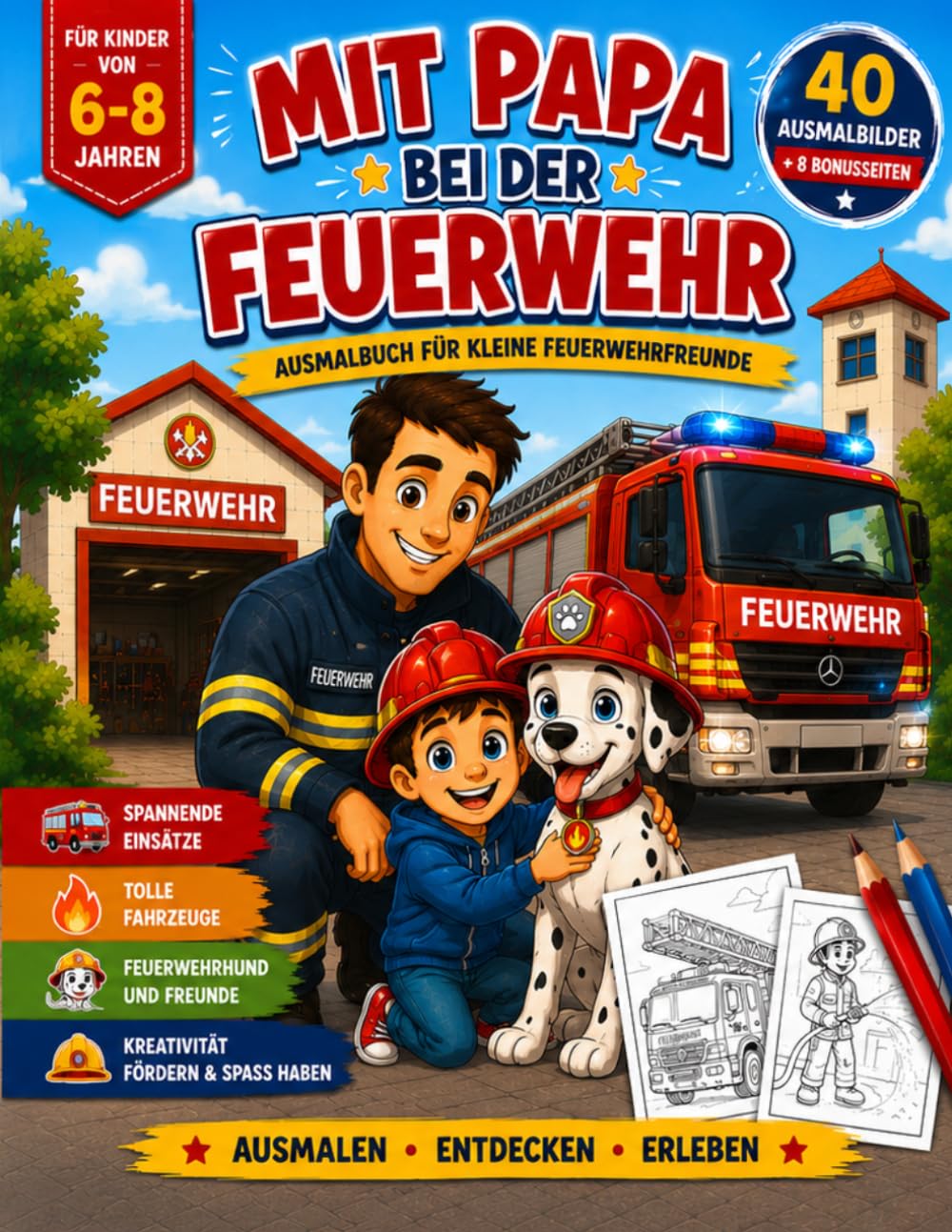 Mit Papa bei der Feuerwehr: Ausmalbuch für Kinder von 6 bis 8 Jahren mit Feuerwehrautos, Feuerwehrhund, spannenden Einsätzen und 8 Bonusseiten