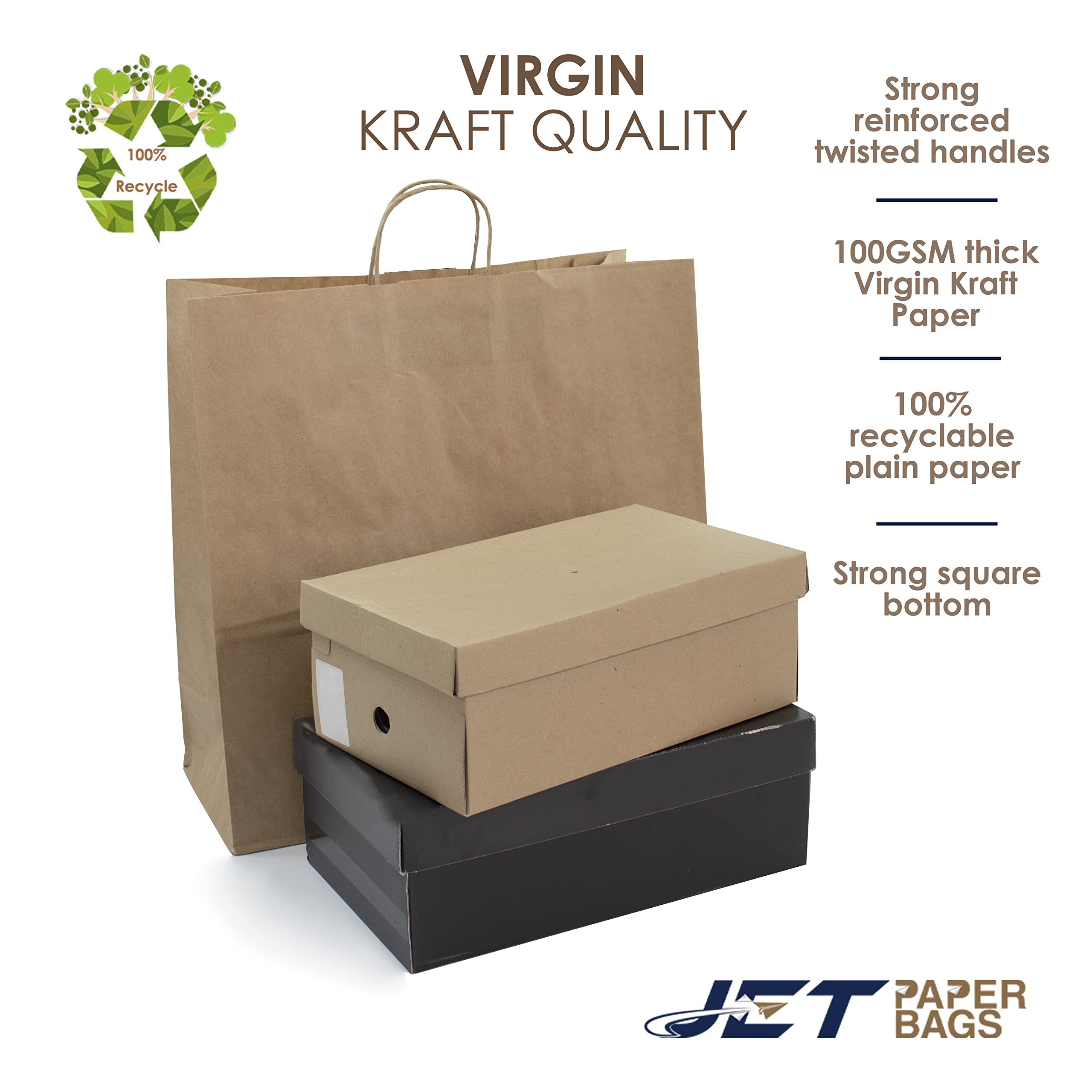 JET PAPER BAGS Sacchetti regalo in carta kraft vergine con manici ritorti, ideali per fai da te, affari, asporto, generi alimentari, bene, shopping, imballaggio e merce, 45,7 x 17,8 x 45,7 cm