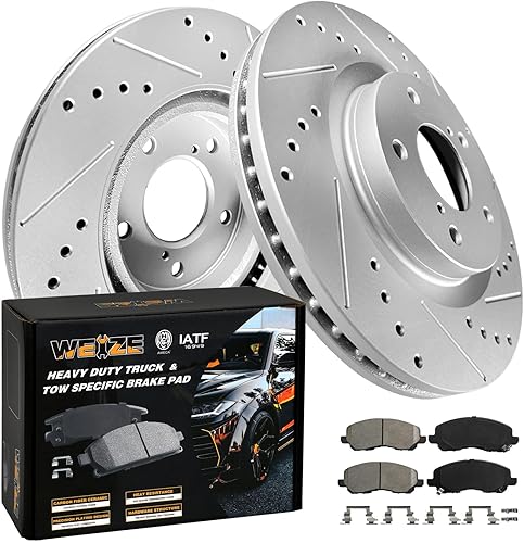 WEIZE Kit de pastillas de freno de cerámica de fibra de carbono delantera y rotores ranurados perforados, compatible con Jeep CompassPatriot Dodge