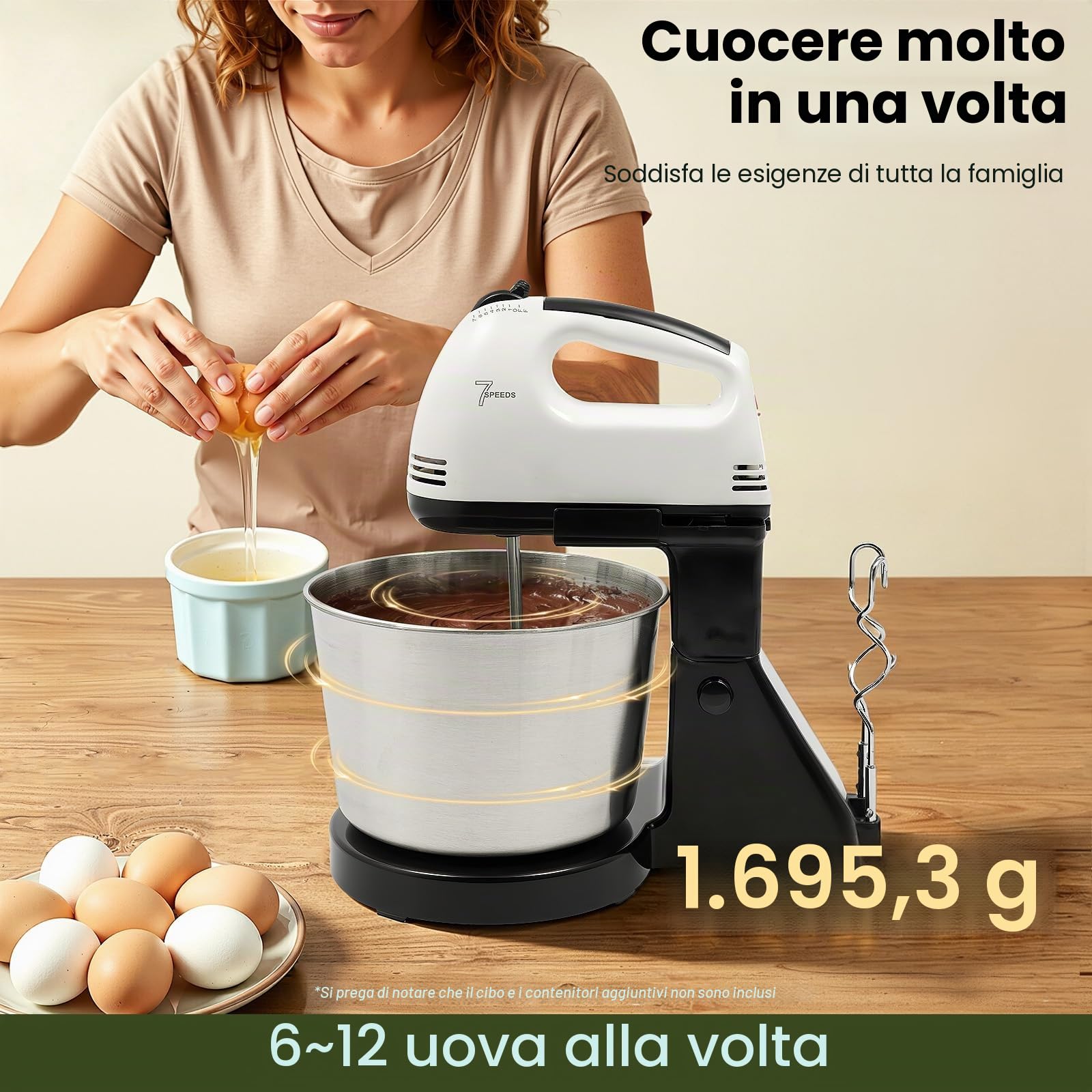 Macchina da cucina da 100 W, impastatrice con ciotola in acciaio inox da 1,7 l, 7 velocità, con 2 frullatori, robot da cucina per impasto del pane
