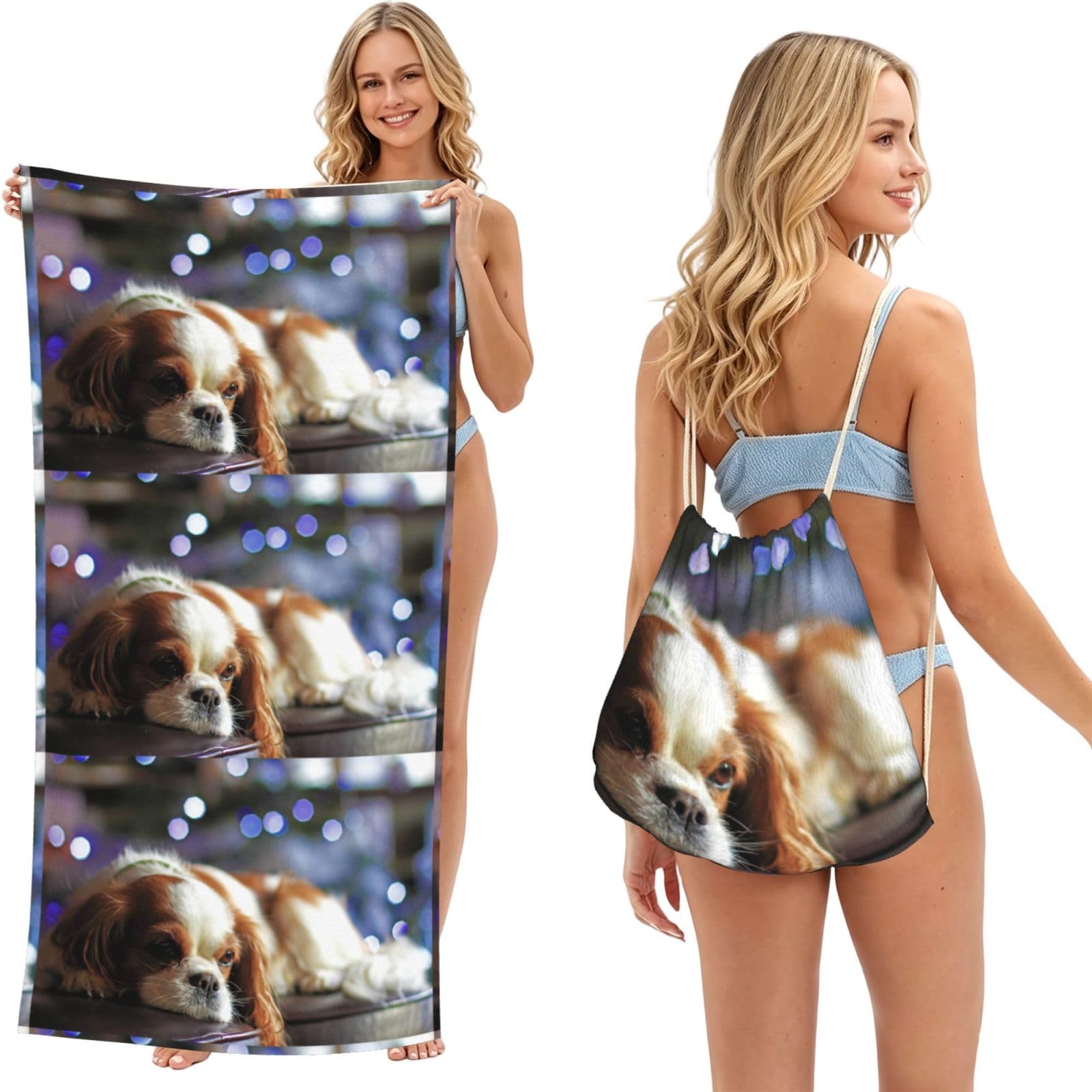 Poadnly As Picture Cavalier King Charles Spaniel Small Spaniel, 2 In 1 Packable Towel Bag, Beach Towels With Drawstring Backpack For Travel Holiday Camping