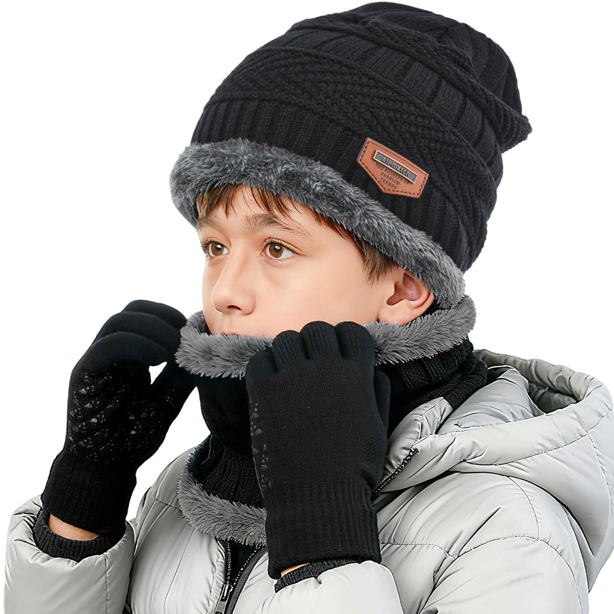 Photo 1 of ZEXIAN Kids Winter Hat, Scarf & Touchscreen Gloves Set - Warm Knitted Beanie with Fleece Lining, Neck Warmer for Boys Girls 4-15 Years?Black?