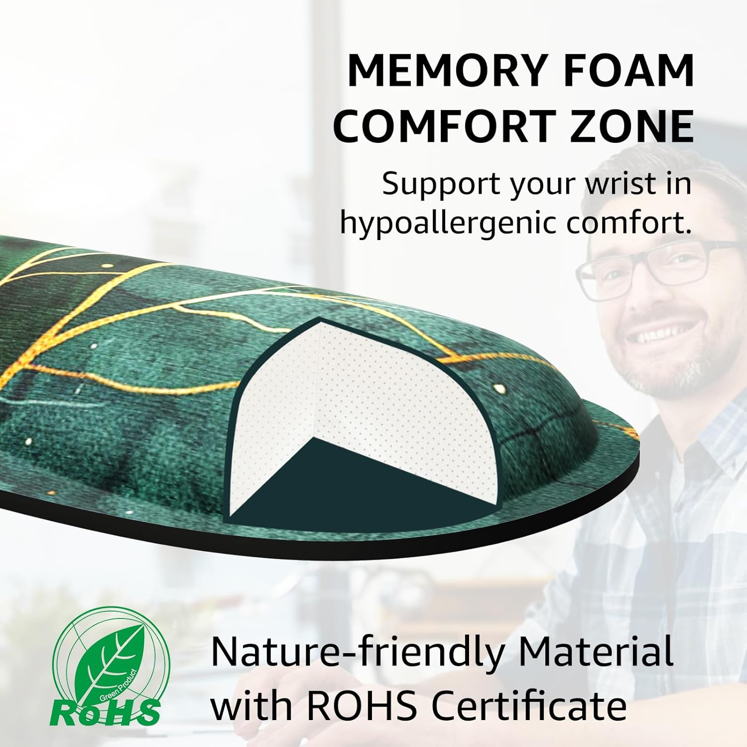 KTRIO Ergonomic Keyboard Wrist Rest, Memory Foam Mouse Pad with Wrist Rest for Computer Keyboard, Mouse Pad Set for Easy Typing & Pain Relief for Office & Home, Green Leaves