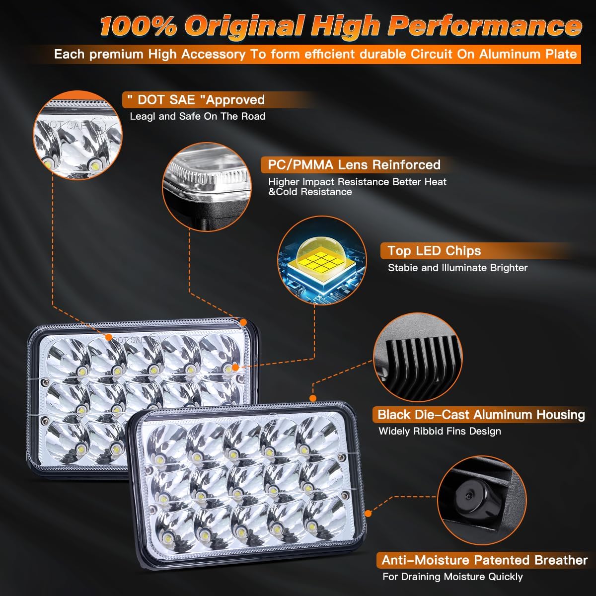 4x6 In LED Headlights DOT Approved 2PCS High Low Beam Rectangle Headlight with H6545 H4668 H4656 H4651 H4652 H4666 H4642 Headlamp for Trucks chevy Ford Kenworth T800 W900 Peterbilt 378 379