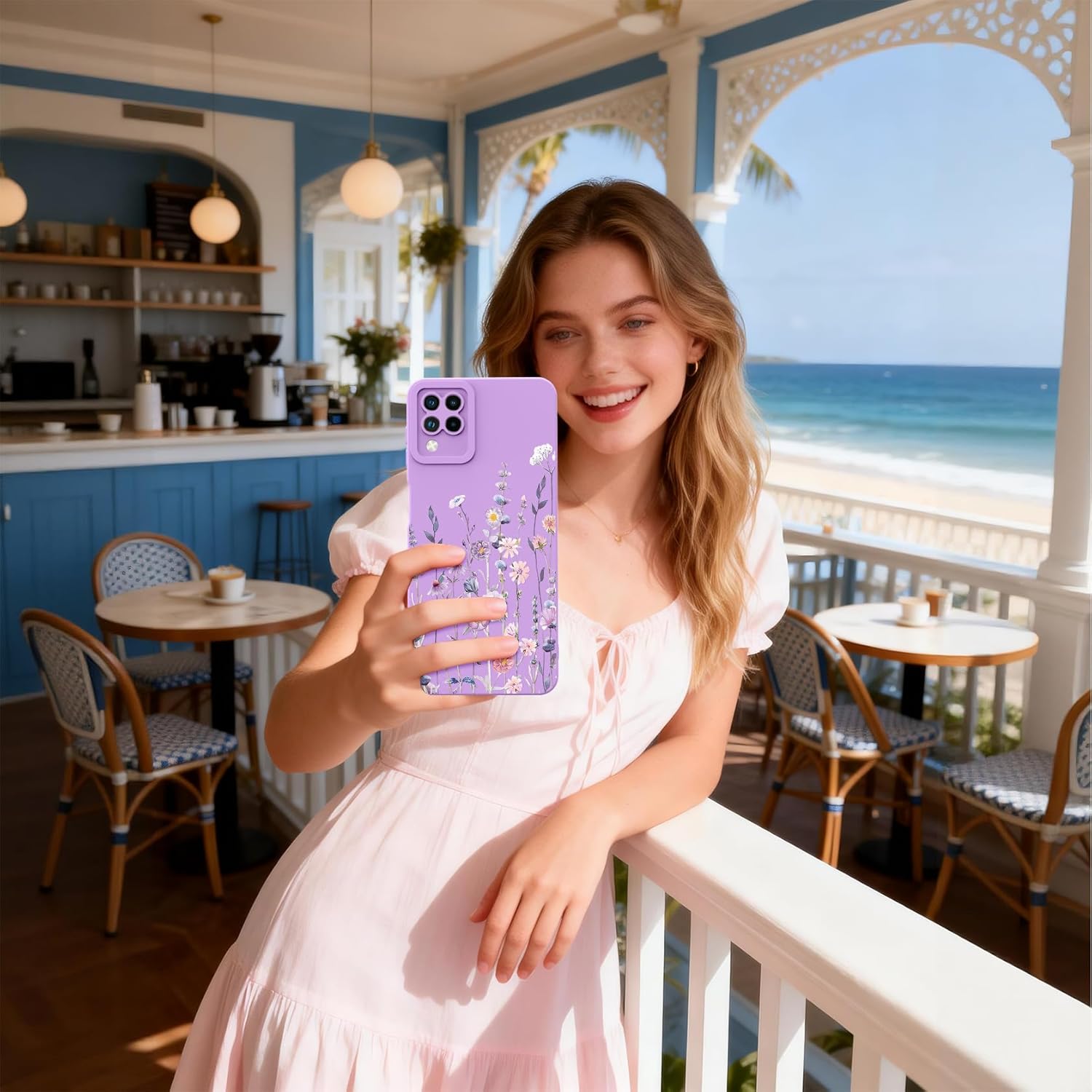 for Samsung Galaxy A12 Phone Case, Fashion Flower Pattern Design Girls Women Liquid Silicone Cover, Slim Shockproof and Scratch-Resistant Soft Case for Samsung A12 - Purple - Image 5