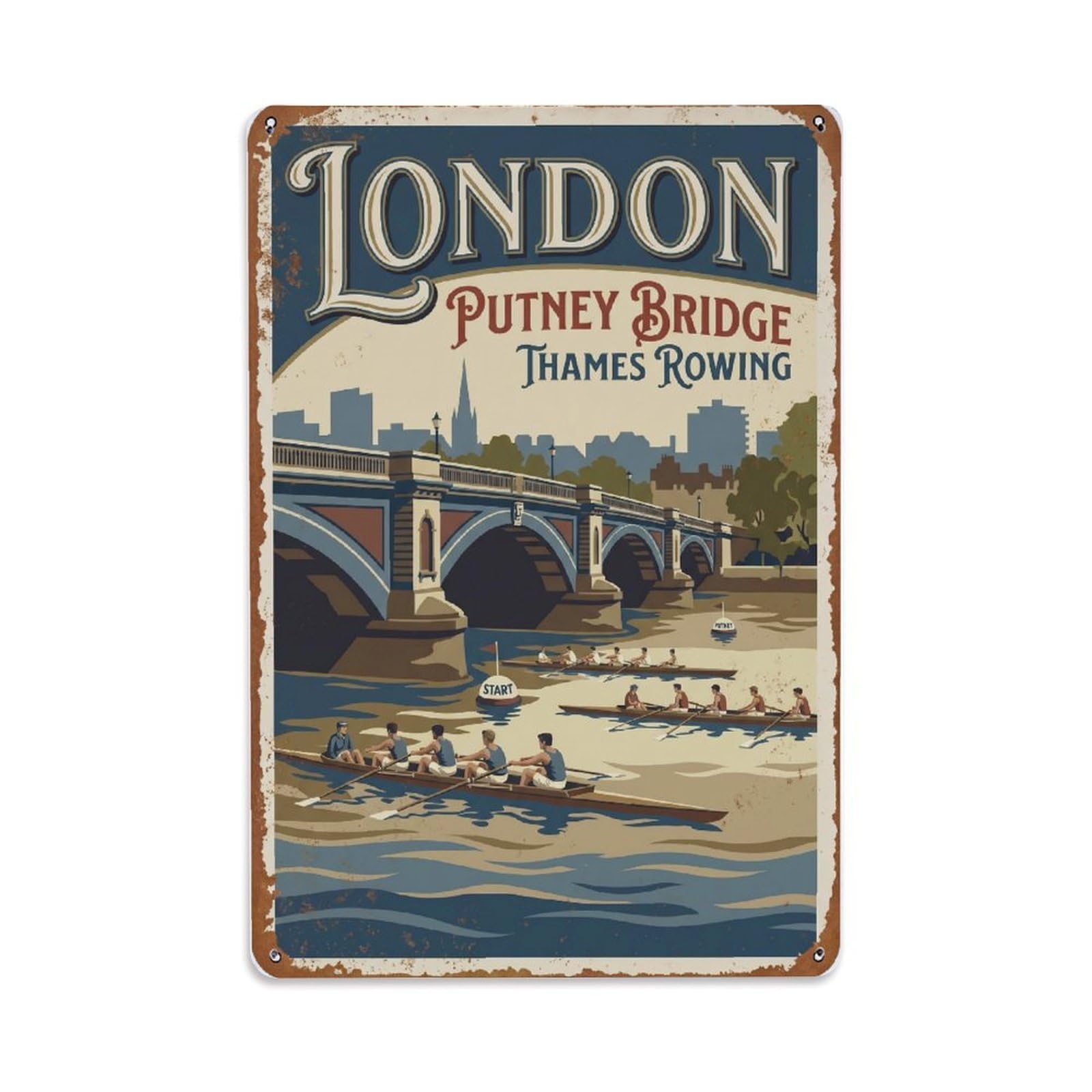 Vintage Travel London Putney Bridge Thames Rowing Rusted England Metal Tin Sign Plaque Wall Decor for Cafe, Club Bar, Office, Home Garden Metal Poster 8x12Inch