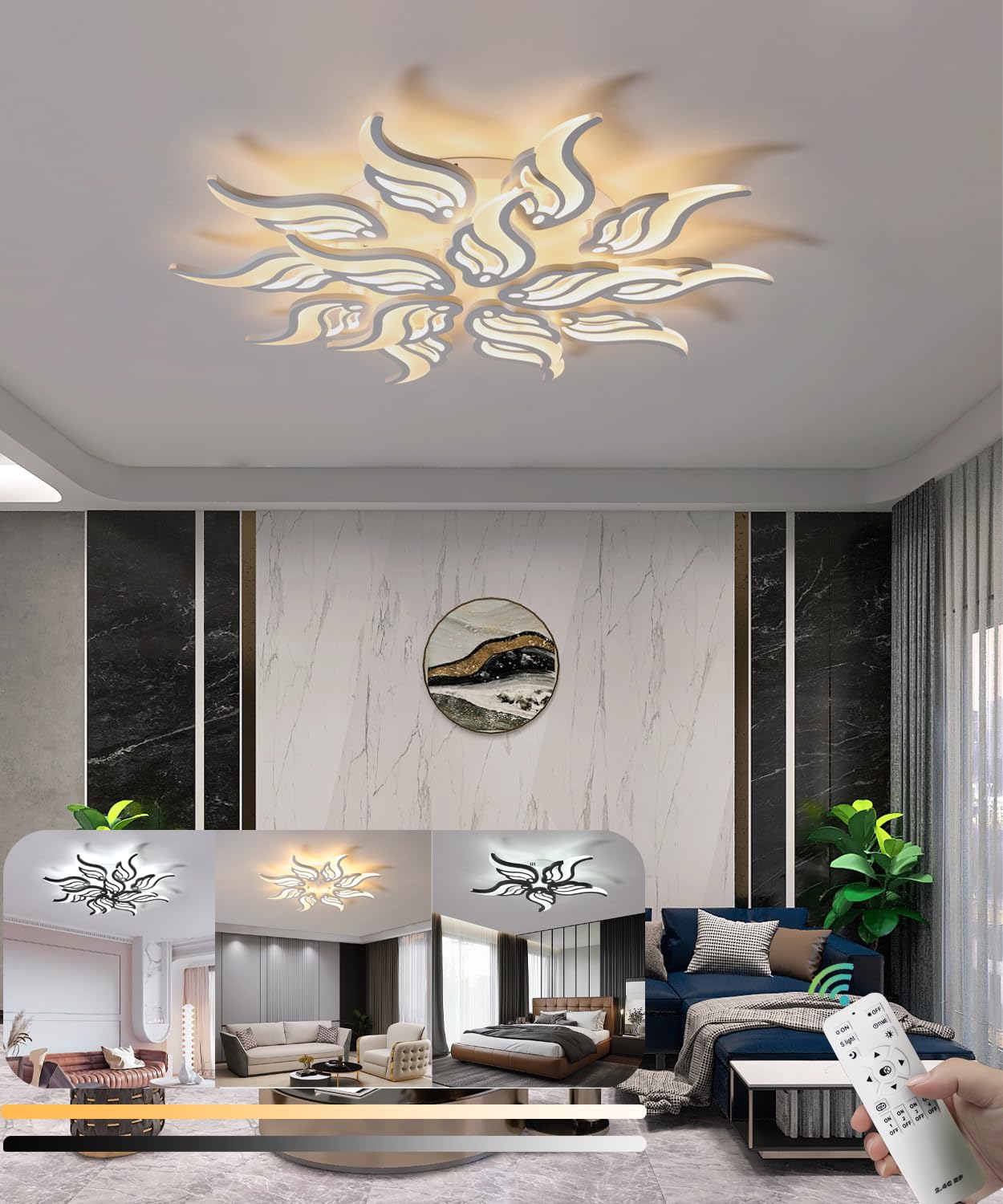 Modern Ceiling Light Dimmable Living Room LED Ceiling Lamp with Remote Control 80W Fancy Ceiling Light Fashions Acrylic Pendant Lamp for Bedroom Dining Room Office (White, 15heads)