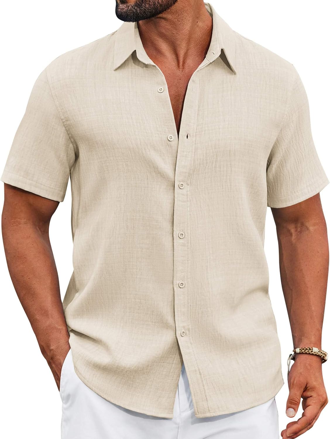 COOFANDY Men's Casual Button Down Shirts Short Sleeve Textured Summer Beach Shirt