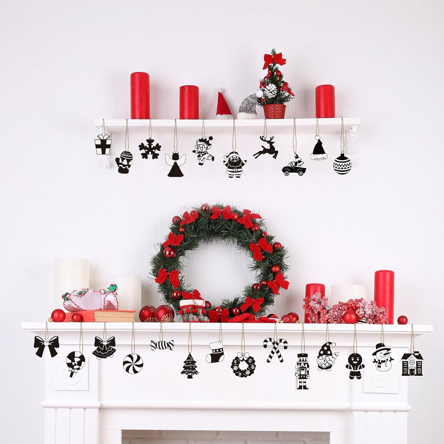 Cinrobiye 24 Pcs Christmas Tree Ornament Kit,Black White Xmas Hanging Decoration Farmhouse Decor Cutouts with Rope for Home Fireplaces Winter Holiday Christmas Party Supplies (24, Black White)