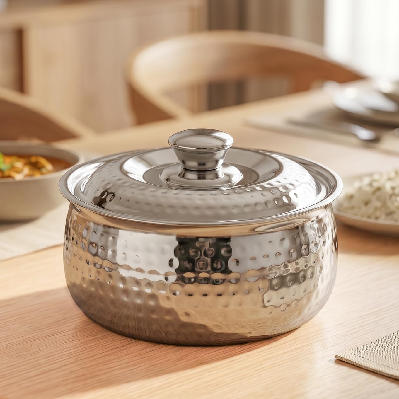 Nestasia Stainless Steel Insulated Casserole with Lid (2000 ml) - 100% Food Safe Hammered Roti Server with Self Locking Lid - Retains Heat & Freshness | Rust Resistant & BPA - Free Chapati Casserole-image-43