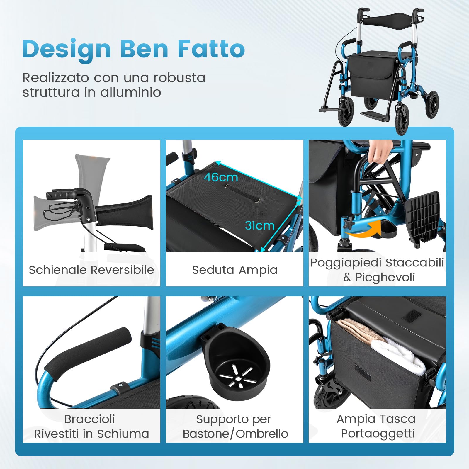 COSTWAY 2 in 1 Deambulatore e Sedie a Rotelle in Alluminio, Rollator Pieghevole e Regolabile in Altezza con Seduta e Freni, Girello per Anziani con Ruote Robuste (Blu)