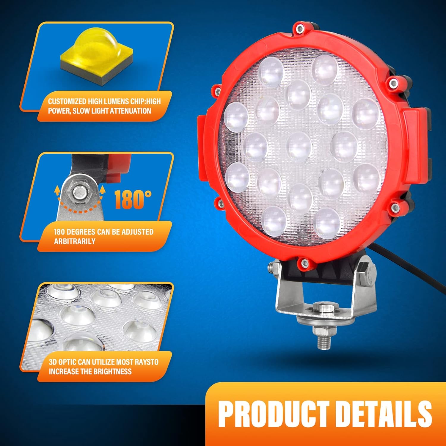 AUXTINGS 7 inch 51W Led Light Bar Flood Beam Offroad LED Work Light for Jeep Off-road Vehicles 4x4 Atvs Utvs (7 in 51W R-F)
