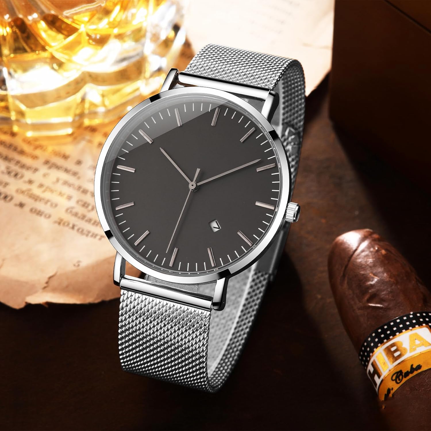 Mens Watches Sleek Minimalist Analog Quartz Waterproof Watches for Men, Stainless Steel Mesh Band Men's Wrist Watch with Auto Date 85 Silvery image 4 of 7 B0F8HMTKR7