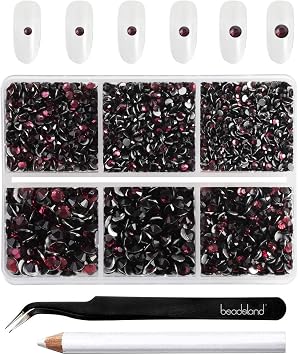 Beadsland 4300pcs Flatback Rhinestones,Burgundy Rhinestone Nail Gems Round Crystal Rhinestones for Crafts,Mixed 6 Sizes with Picking Tweezers and Wax Pencil Kit, SS6-SS20,Amethyst