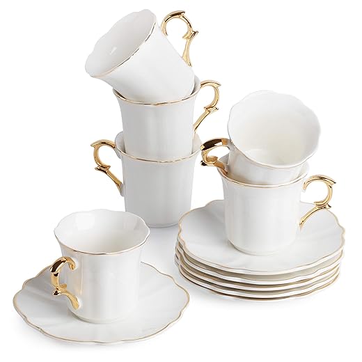 Brew To A Tea White Espresso Cups with Saucers, Set of 6 (3 oz), Porcelain Turkish Coffee Cup Set with Gold Trim Design & Gift Box, Dishwasher Safe, Christmas Gifts