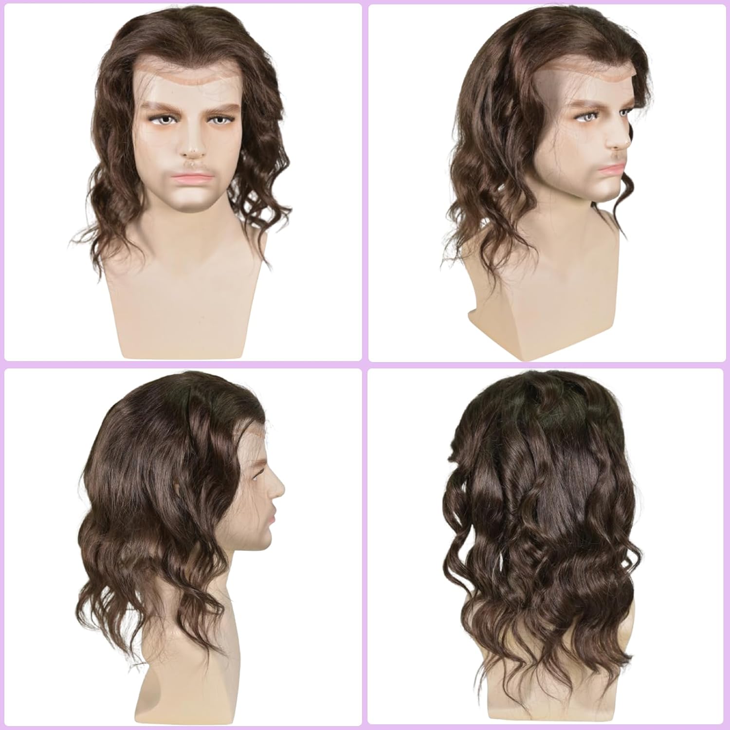 12” Long Human Hair Men’s Toupee 100% European Virgin Hair 10”x8” Base Size 130% Density Hair Replacement System for Men Loose Wave #3 Dark Brown Color