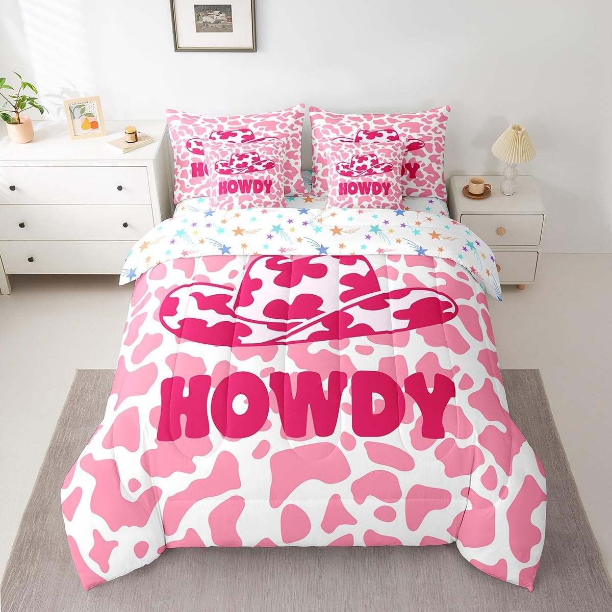 Feelyou Cow Print Comforter Set with Sheets Queen Size 7 Piece Kids Pink White Bedding Set for Boys Teens Pink Cowgirl Bed in a Bag Western Hat Printed Bed Set