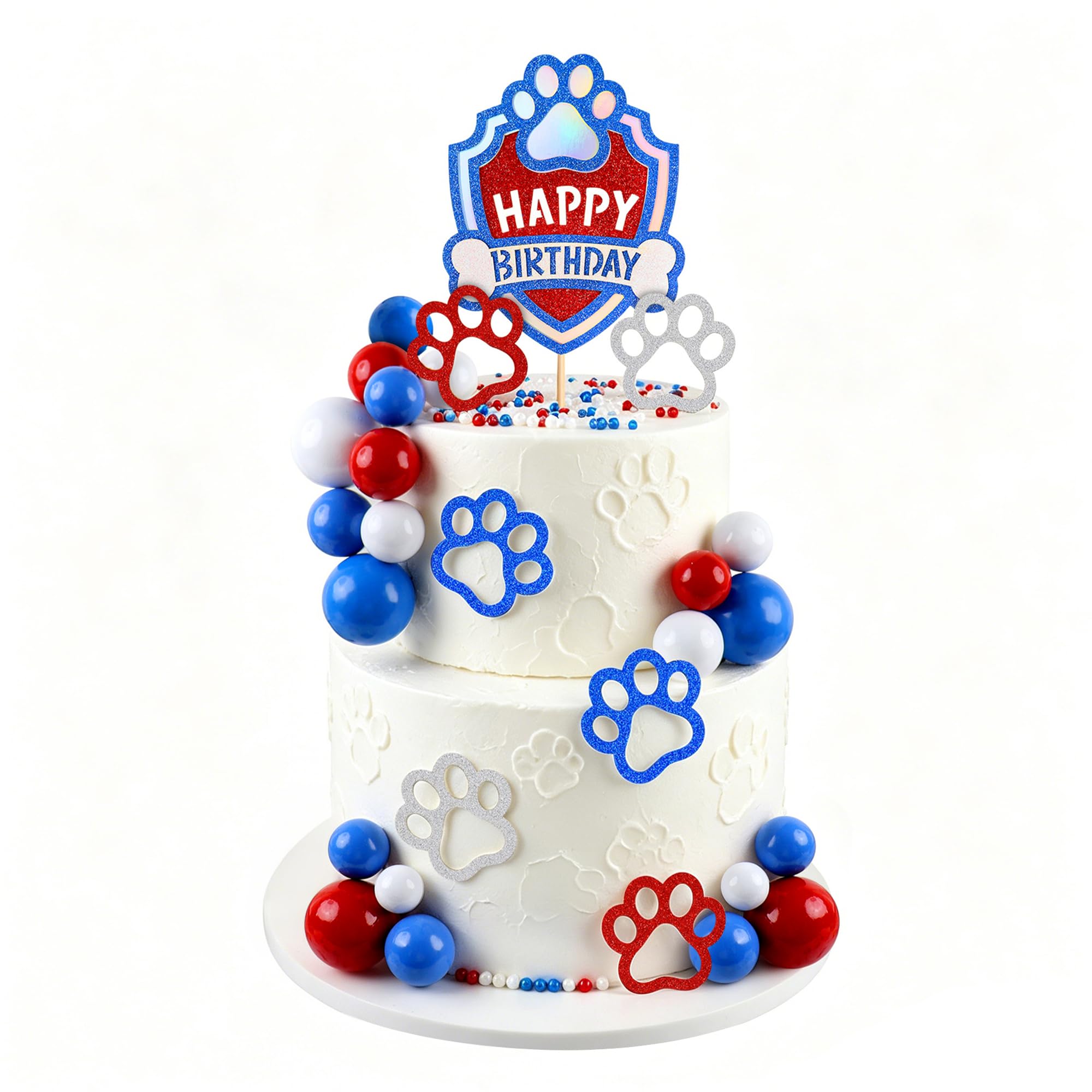 Blumomon 37Pcs Puppy Birthday Cake Topper White Blue Red Balls Cake Decors Dog Paw Cake Picks for Pet Dog Birthday Cake Decorations Puppy Birthday Let's Pawty Party Decorations