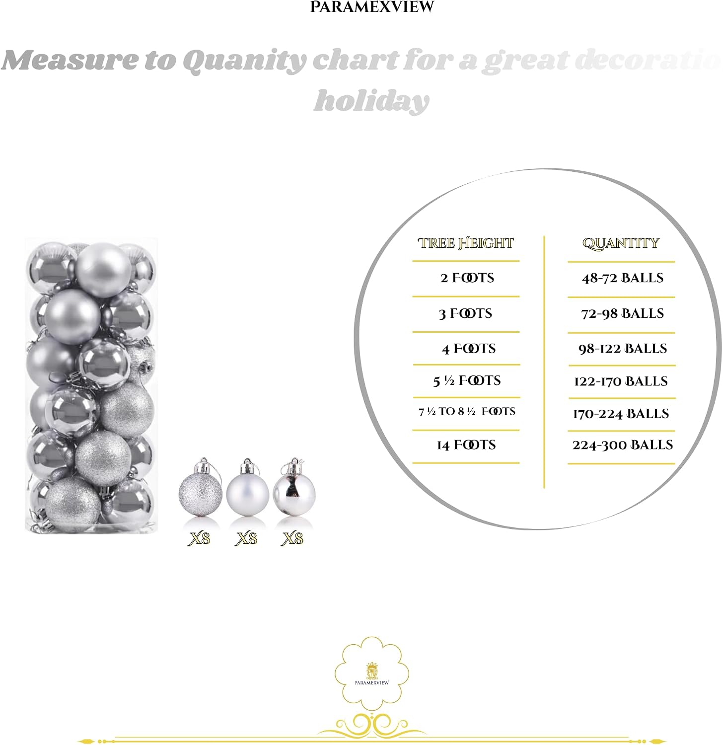 Paramexview® 24 Pcs Christmas Balls Set, 40mm/1.57" inch, Christmas Tree Hanging Shatterproof Ornaments Decoration, Pre-Hooked Hanging Balls, Seasonal Home Decoration for Trees (Silver)