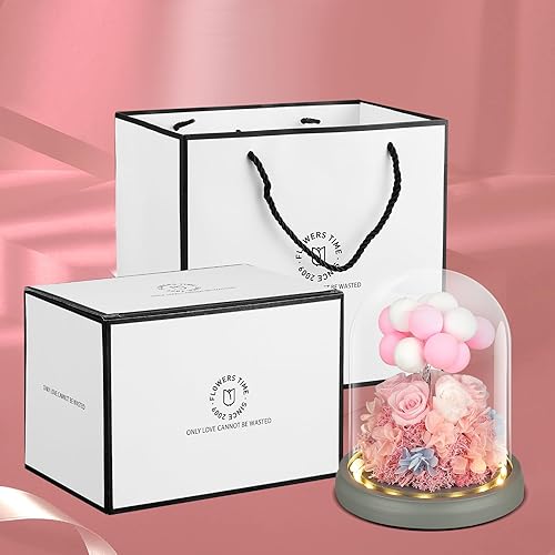 Miniatura 6 de Rosa 100% real en cúpula de cristal, flores preservadas con luz LED, flor eterna con decoración de globos de arcilla, para cumpleaños, aniversario,