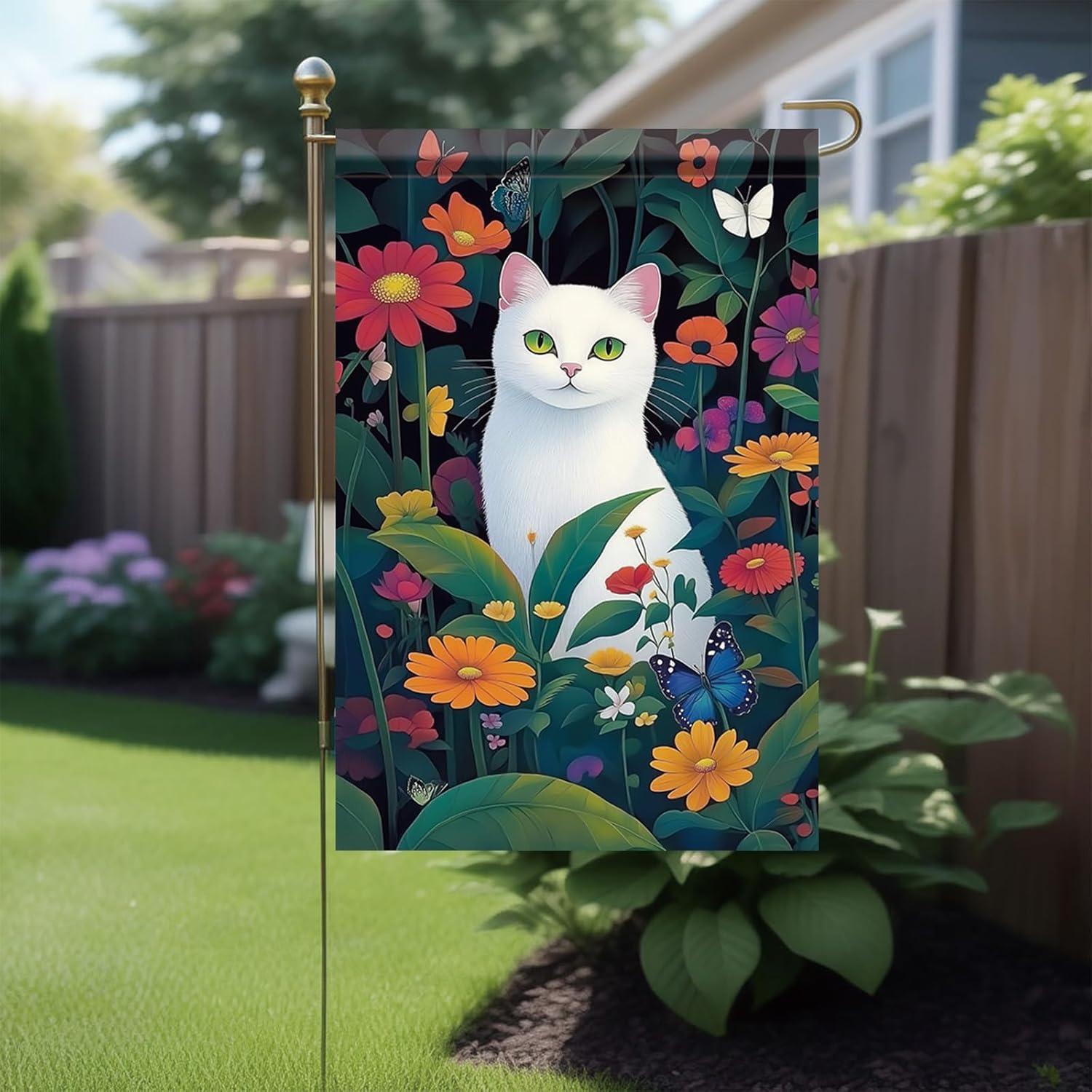 Spring Summer Garden Flag White Cat Flag 12x18 Inch Double-Sided Floral Butterfly Cute Kitty Yard Banner Outdoor Decor for Porch Lawn Pathway Cat Lover Gift - Image 3