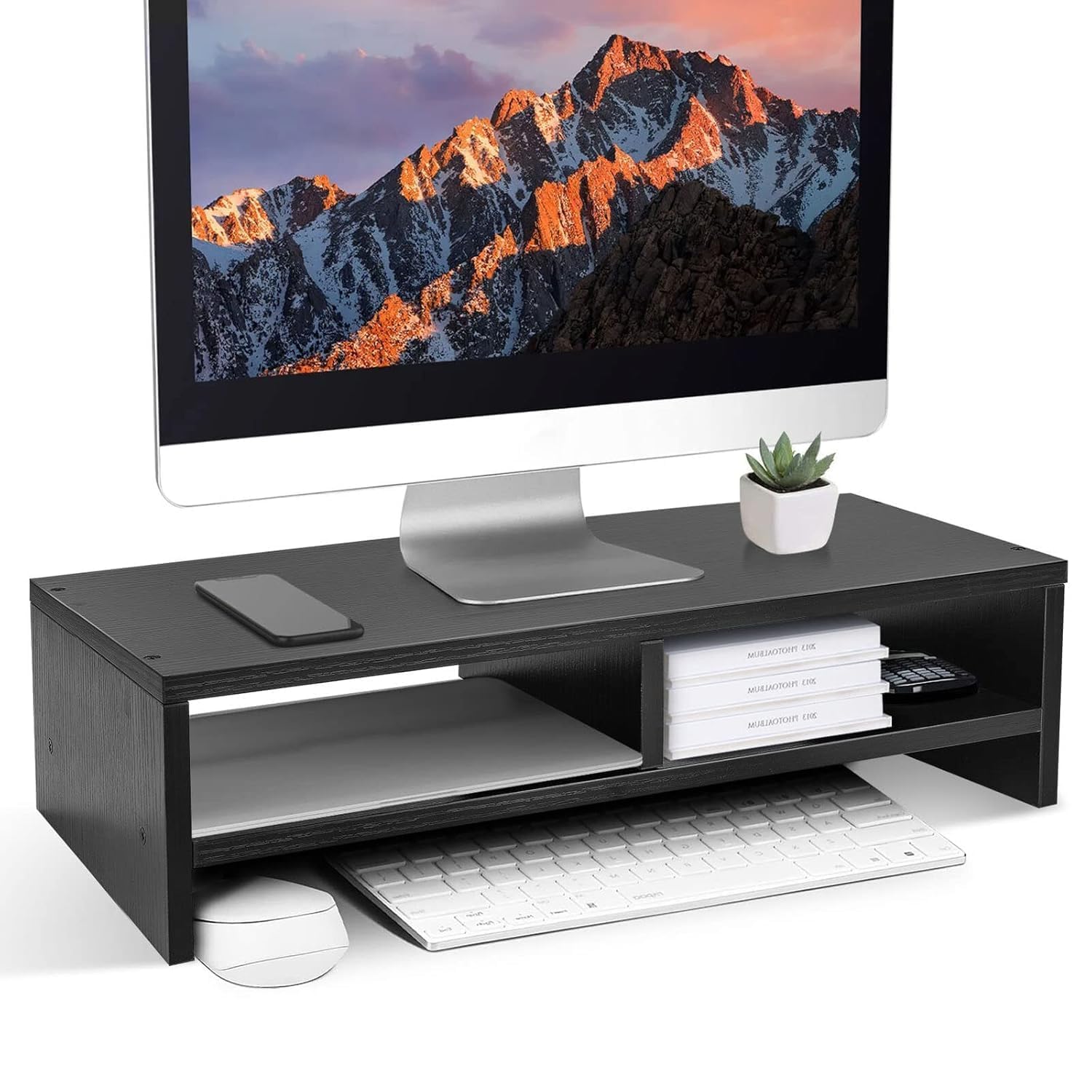 Wooden Monitor Stand With Storage Organizer For Desk, Tables, Office, Home, Studio, Study Table | Desktop Ergonomic Monitor Stand Riser (Wenge)-image-16