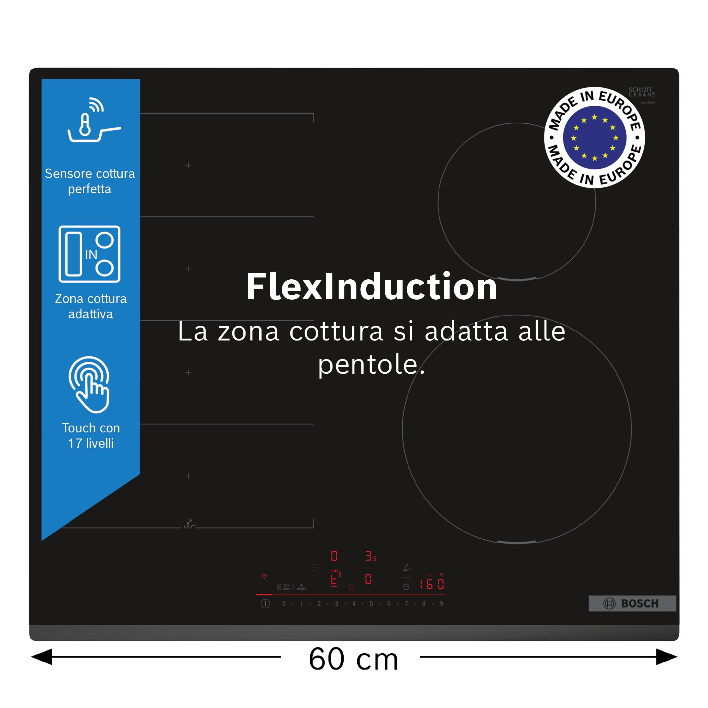 Bosch PIX631HC1E Serie 6, Piano Cottura a Induzione, FlexInduction: più Flessibilità, DirectSelect, PerfectFry plus, Home Connect, senza Cornice, Nero, 60 cm