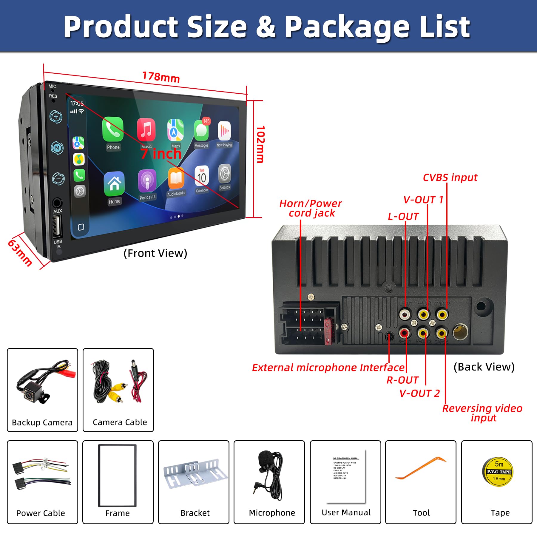 Radio Coche 2 DIN con Carplay y Android Auto por Cable - Pantalla Táctil de 7 Pulgadas con Cámara Trasera, Mirror Link, USB/AUX/FM, Apto para Vehículos de 12V