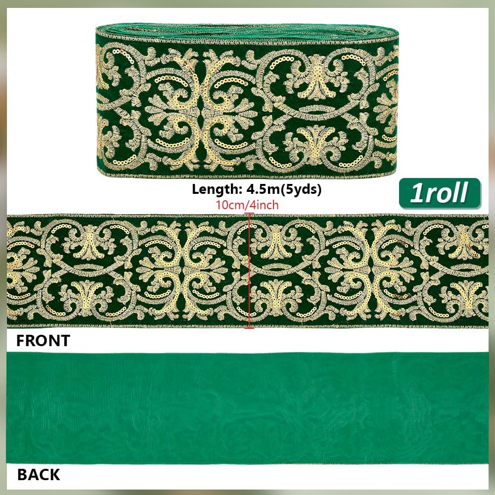 PH PandaHall 4 inch Wide Jacquard Ribbon, 5 Yards Boho Emobridered Ribbon Ethnic Style Green Fabric Trim Fringe for Sewing Handmade Bag Strap Cape Making DIY Clothing Easter Decoration