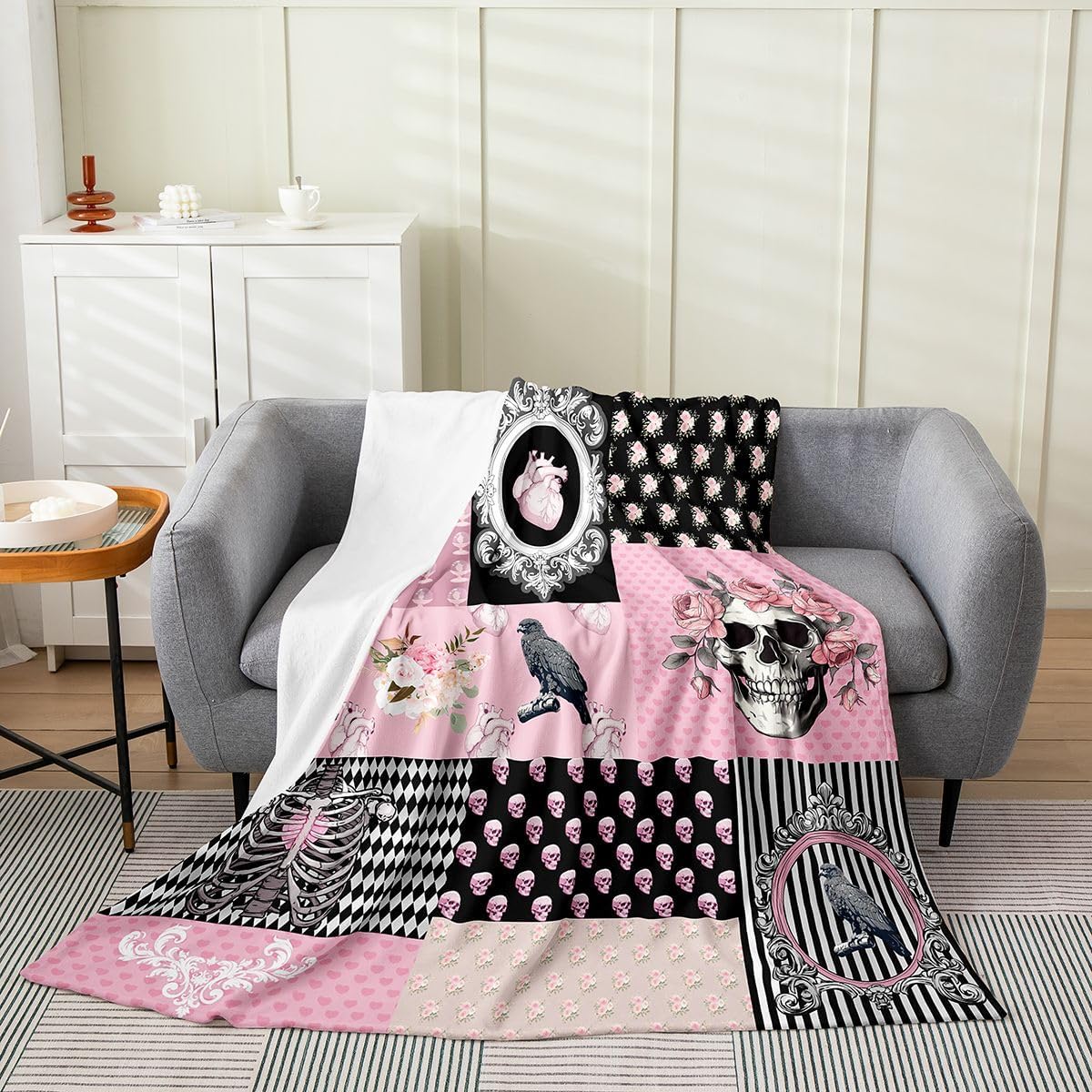 Erosebridal Sugar Skull Throw Blanket, Halloween Skelebone with Flowers Fuzzy Blanket, Garden Pink Rose Floral Flannel Blanket for Bed Couch, Geometric Honeycomb Plaid Fleece Blanket, Twin Size